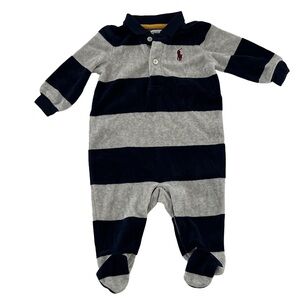 Polo Lauren Baby Blue and Gray Striped velour footed coveralls 6 months